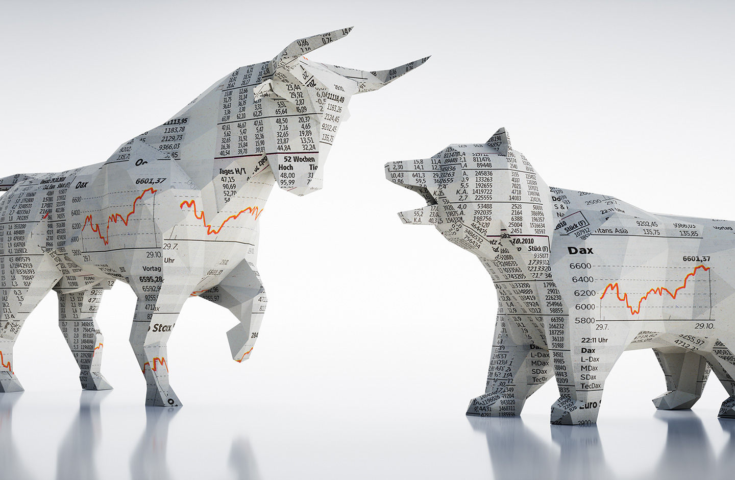 Bulle und Baer aus Zeitungen stehen sich gegenüber