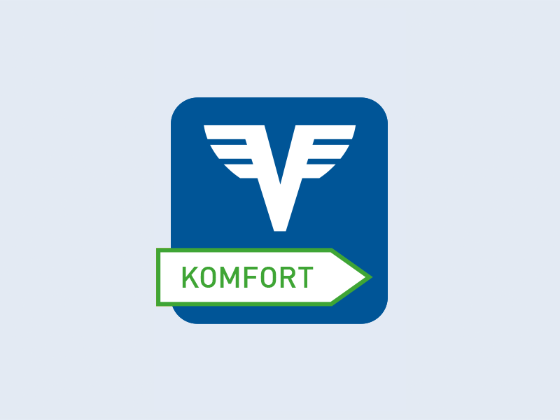 Logo des Komfort Kontos in Grau und Rot.