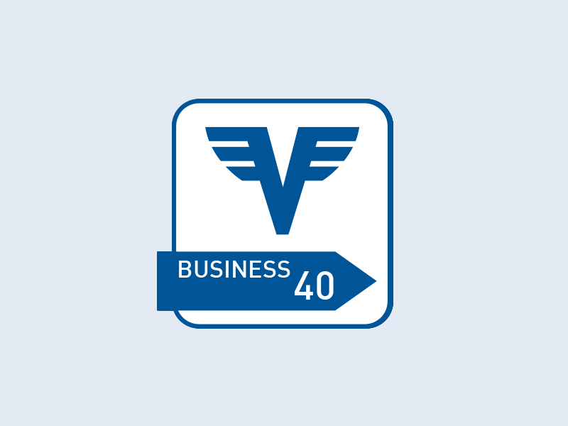 Business 40 Konto Logo mit Volksbank-V in Blau und Rot auf hellem Hintergrund.