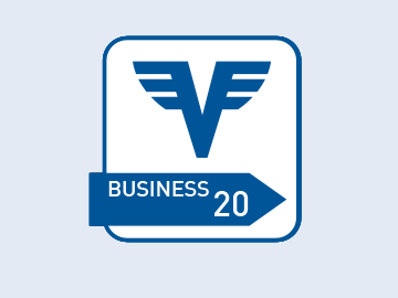 Business Klassik Konto Logo in Blau und Orange auf hellblauem Hintergrund.