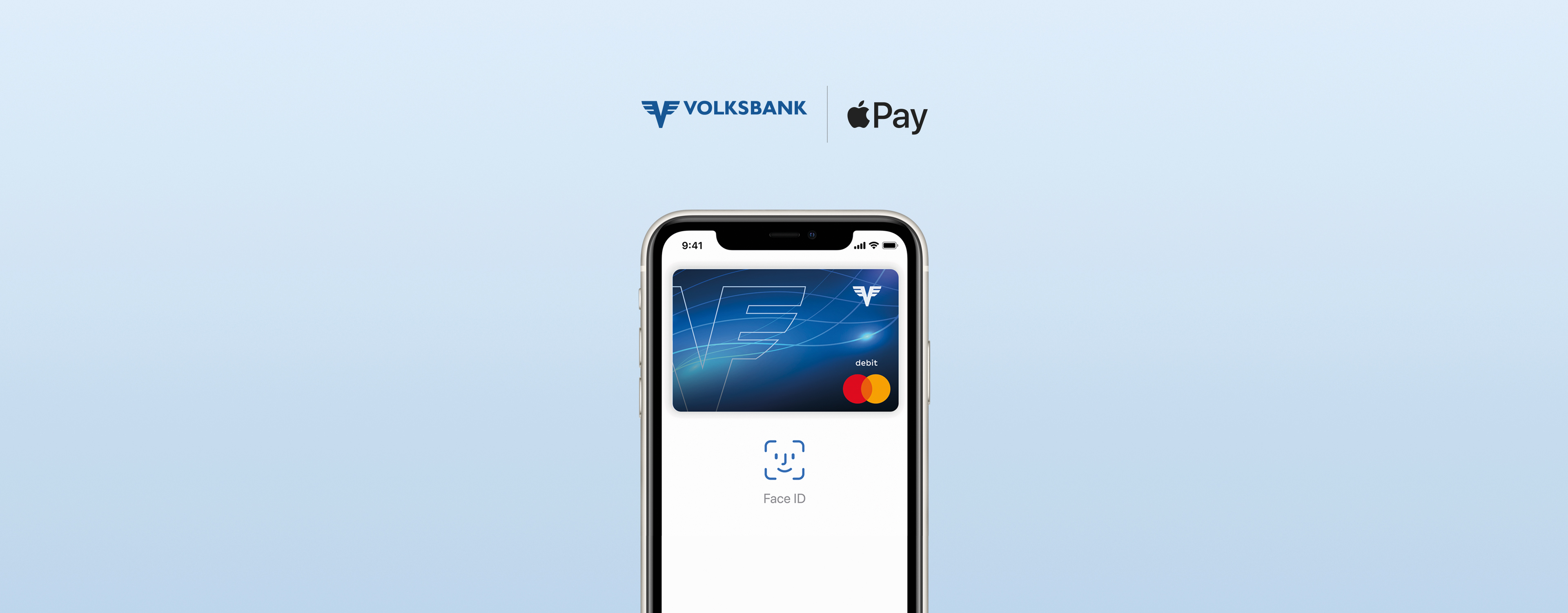 Apple Pay mit Volksbank Debit Mastercard auf einem Handyscreen.