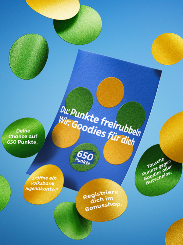 Man sieht das Rubbellos, auf dem ein Punkt freigerubelt ist. Er zeigt 650 Punkte. Rund um das Los fliegen weitere Punkte.