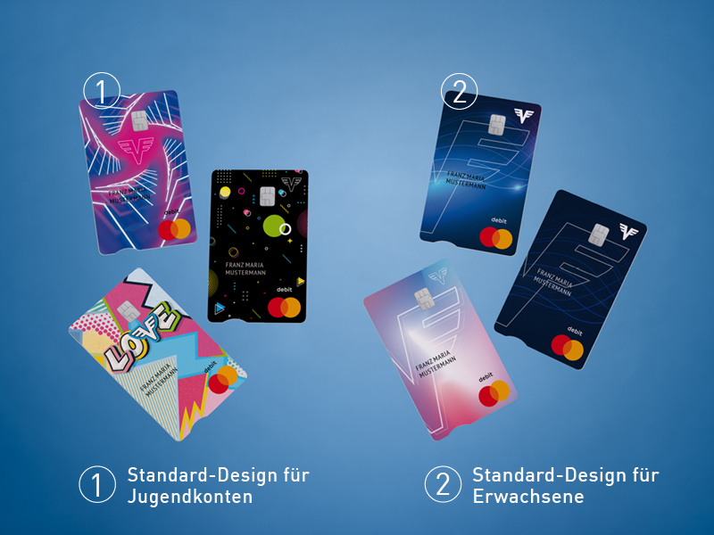 Eine Übersicht der Kartendesigns der Volksbank. Die Dtandard-Kartendesigns sind markiert.