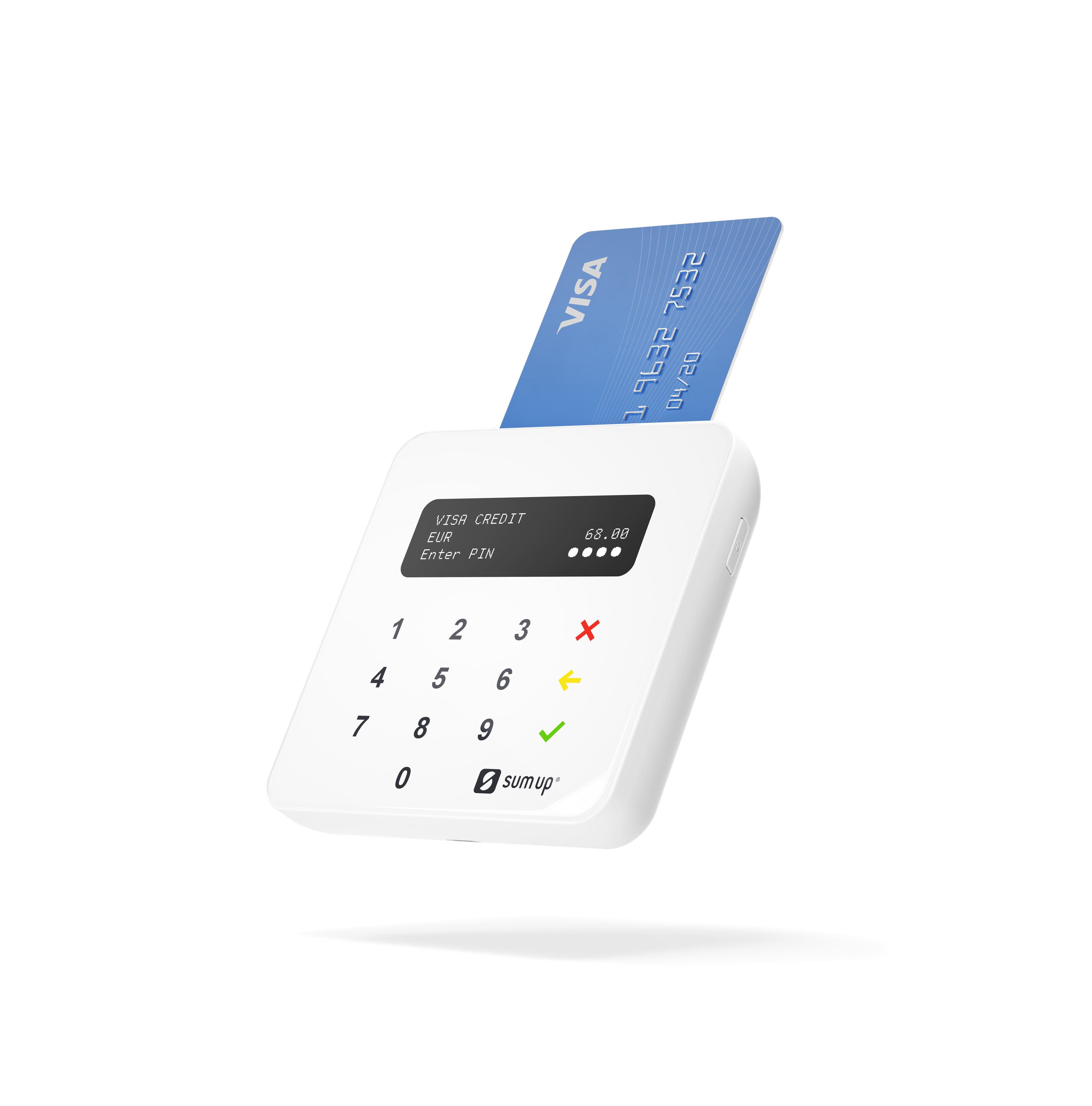 Das SumUp Kartenlesegerät mit Visa Karte.