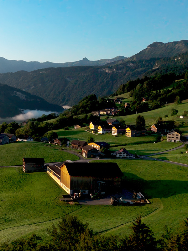 Berge und Naturlandschaft mit Häusern 
