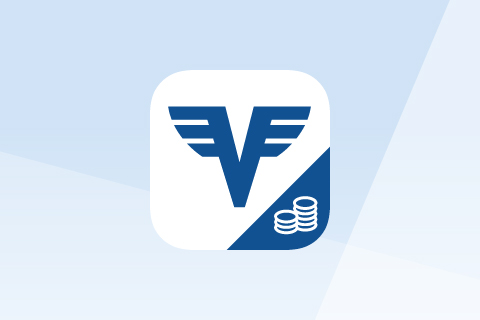 des Volksbank-Logos in Form eines blauen V mit Flügel und weißen Münzen auf blauem Hintergrund.
