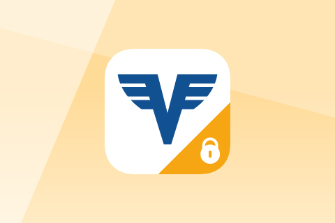 Grafik des Volksbank-Logos in Form eines blauen V mit Flügel und einem weißen Schloß-Symbol auf gelben Hintergrund.