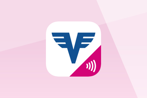 des Volksbank-Logos in Form eines blauen V mit Flügel und einer weißen Lupe auf pinkemHintergrund.