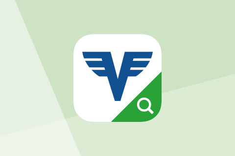 Grafik des Volksbank-Logos in Form eines blauen V mit Flügel und einerm weißen Lupen-Symbol auf grünem Hintergrund.